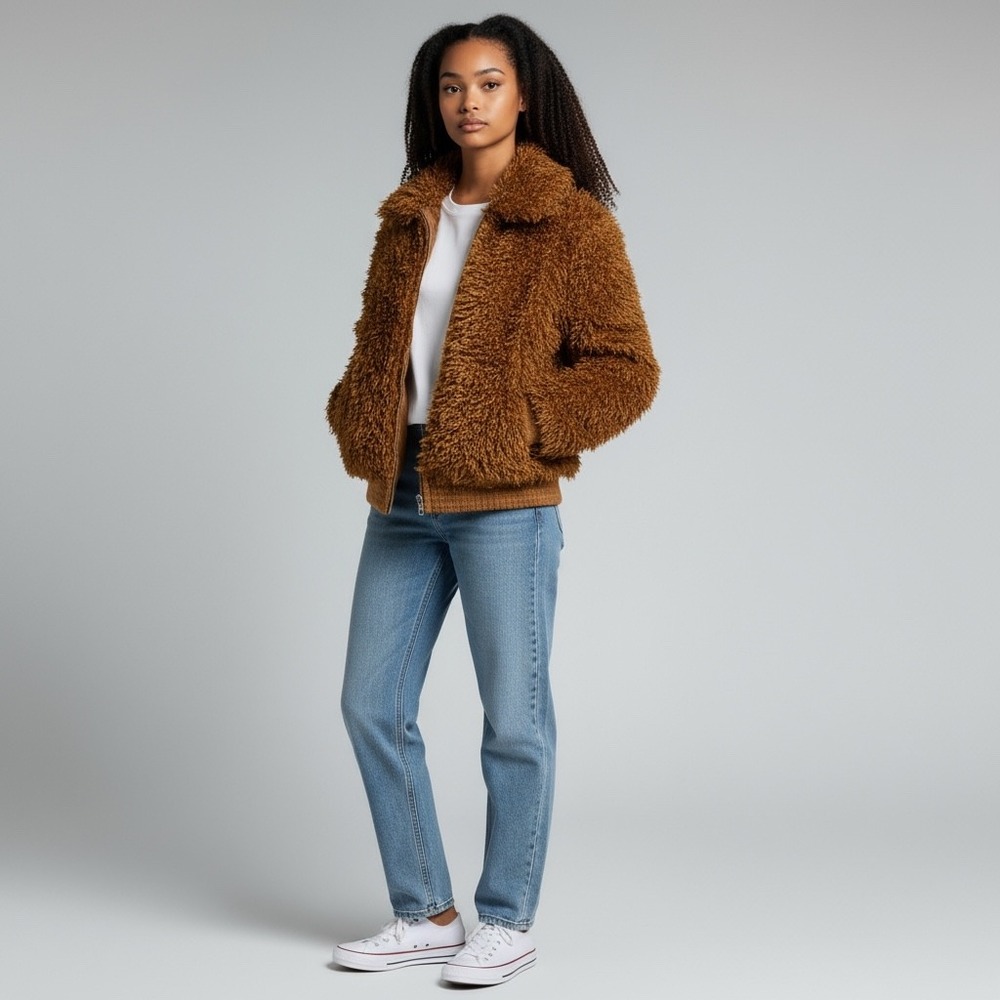 Wild Fable Teddy Faux Fur Jacket Brown Bomber Full Zip‎ Warm Cozy